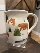 Hartstone Pottery USA Pitcher High Country 64oz Bear Bison Moose Fish & Trees picture