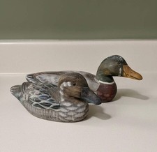 A pair of vintage decorative painted wooden mallard ducks, male and female picture