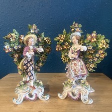 Vintage Porcelain Figurine Pair Man Woman Applied Flowers Rococo Dresden Style picture