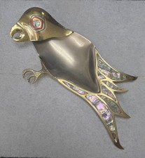 Vintage Mexico Hand Wrought Mixed Metal Mother Of Pearl Bird  Dish 12