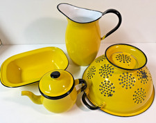Nice Heavy lot of 5 Pieces Yellow Enamelware Farmhouse Kitchenware Japan picture