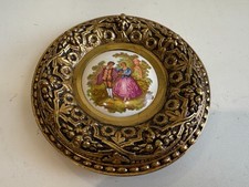 Vintage Spain Limoges Fragonard Porcelain Plaque w/Ornate Gold Brass Frame, 6