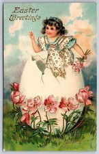Easter Fantasy~Lil Girl Hatches From Big Egg~Wild Pink Flowers~Clouds~Gold Leaf  picture