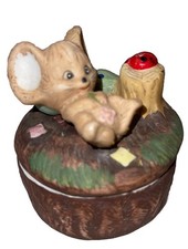 Cute Vintage Woodland Animal Mouse Mushroom Lady Big Trinket Boxes - 3”  picture
