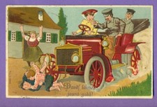 RUSSIA LATVIA New Year BOYS PEOPLE AND CAR VINTAGE EMBOSSED POSTCARD USED 75 picture