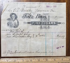 1901 graphic billhead Fritz Bros Fine Cigars Young Boy Smoking Cincinnati OH picture
