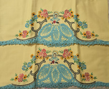 Pair 2 Vtg Yellow Pillowcases Embroidered Southern Belle Crochet Skirt 34