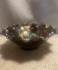 Vtg FENTON Amethyst Very  Iridescent carnival  Glass Bowl “holly An Berries” picture