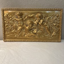 Vintage Gold Eros Musical Cherub Cupid Greek Wall Sculpture Plaque 16.5Wx9H picture