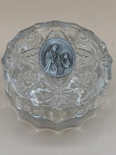 Vintage Cut Glass Trinket Dish w/ Pewter Jesus & Lamb Medallion | Religious picture