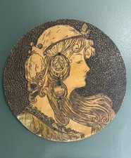Vintage Pyrography Wood Burned Lady Portrait Wall Plaque 13.5” Art Nouveau picture