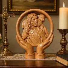 Jesus The Good Shepherd - Wooden carving picture - Religious statue wall decor picture
