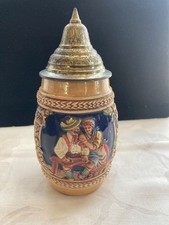 Vtg German Beer Stein Ceramic with Pewter Lid 6.5”H 3D Scene Made in Germany picture