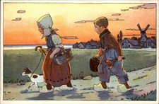 Dutch Children with dog at sunset Illustrated c1910s Vintage Postcard picture