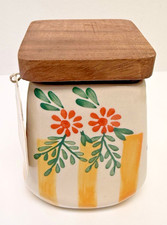Vintage Hand Painted Floral Ceramic Canister Wood Lid Kitchen Storage Jar picture
