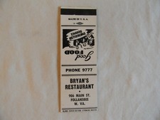 Follansbee West Virginia f&b Restaurant low # 9777 matchbook picture