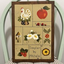 Vintage 1982 Folk Art Tole Painted Wood Plaque Sampler Signed Michele picture