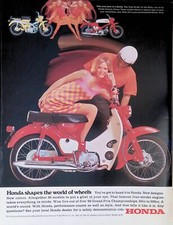 Print Ad 1960's Honda 90 Red White Beautiful Girl Checkered Dress Man Helmet picture