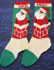 Vintage Hand Knit Christmas Stockings Lot of 2 Mom Dad Santa Chimney Bell 22