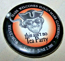 HARLEY DAVIDSON H.O.G. 2001 MASS GATHERING WORECHESTER MA. TEA PARTY VEST PIN picture