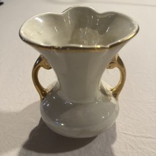 Pearl Iridescent 22 KT Gold Trim&Double Handled Scalloped Edge Vase Pearl China picture