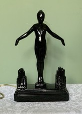 Vtg Sarsaparilla Art Deco Black Metal Nude Figural Lamp - Missing Glass Shade picture