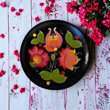 Vintage Russian Soviet Era Wood Lacquer Hand Painted Khokhloma Plate 10 Folk Art picture