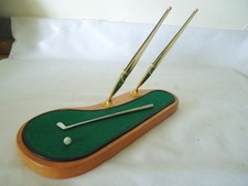 Desktop Double Pen Holder with Pens Wood & Felt Golf Green Metal Club & Ball picture