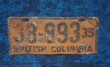 1935 BRITISH COLUMBIA Canada License Plate picture