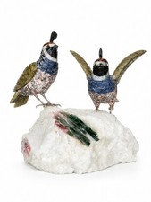 Peter Müller Carved Gemstone Bird Couple on Tourmaline-in-Quartz Matrix picture