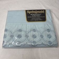 VTG Springmaid Wondercale Double Flat Sheet Blue Scallops Embroidery Eyelets picture