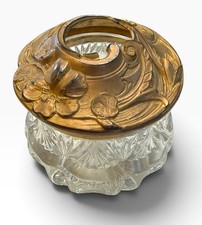 Antique 1900s Glass Hair Receiver Metal Art Nouveau Lid picture