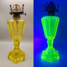 E Miller Vaseline Glass Whale Oil Table Lamp Base Venus Burner Hex Base GLOWS picture