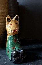 Vtg Hand Painted Wooden Cat Figurine Folk Art Shelf Sitter Star Dress Whimsical picture