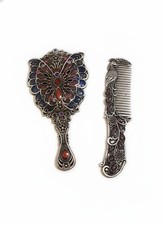 Vintage Style Butterfly Hand Mirror & Peacock Comb Vanity Set Silver Metal picture