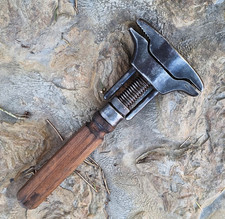 Adjustable Large Hand Vise Wrench with Wooden Handle Antique Old Tool Depose picture