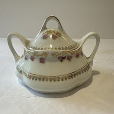 Vintage Bavaria Porcelain Covered Sugar Bowl Pink Roses Gold Trim Germany picture