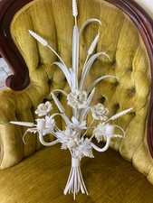 VTG ITALIAN TOLE WHITE WALL SCONCE PORCELAIN ROSES 2 ARMS CANDLE HOLDERS picture
