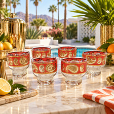 Superb Culver Red Paisley 22K Gold Glassware Set of 6 Mid Century 1960s picture