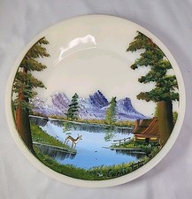 Vintage Handpainted Deer Cabin Lake Mountains Scene Fire King Plate Signed picture