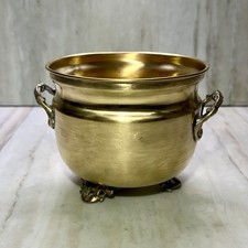 Solid Brass Vintage 3-Footed Planter Pot Cauldron Cachepot with Ornate Handles picture