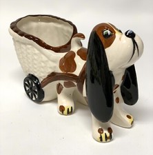 Vintage Basset Hound Dog Spotted Basket Cart Planter 4.5”h x 7”long   Japan picture