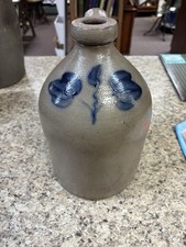 Primitive Stoneware Crock Jug ~ Nice Cobalt Blue tulips. 12x7x7