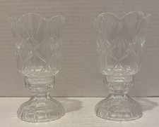 Vintage 2 Piece Clear Cut Crystal Hurricane Lamp Candle/Votive Set of 2 picture