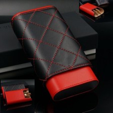 Portable Red Black Leather Cedar Wood 3 Ct Cigar Case Holder Travel Humidor picture