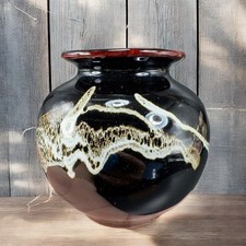 Vintage 1980s Speckled Drip Glaze Pottery Round Bottom Vase Vessel Marked VTG picture