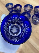 SET OF 8 Cobalt Blue Cut Glass Cups Japanese Kiriko Style Starburst picture