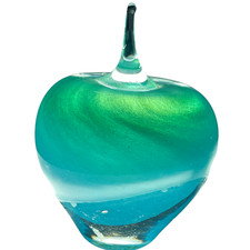 VINTAGLIO Anton Glass Apple Paperweight Hand Blown Iridescent Teal Blue Swirl picture