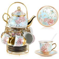 Zhehao 20 Pcs Porcelain Tea Set for Adult, with Metal Holder, Vivid picture