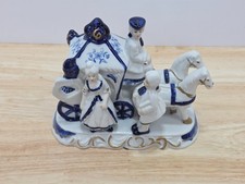 Vintage ArtMark Blue White Porcelain Colonial Couple & Horse Carriage Figurine picture